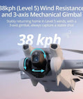 Close-up of Mini 3 Drone With RC Remote Bundle Portable 4K Quadcopter Kit showing 38kph wind resistance feature.