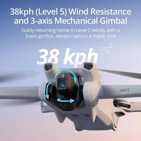 Close-up of Mini 3 Drone With RC Remote Bundle Portable 4K Quadcopter Kit showing 38kph wind resistance feature.
