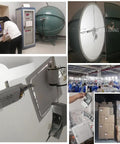 Collage of testing and packaging processes for 4 Pack 8 Inch Square LED Recessed Lights With Junction Box Dimmable 3CCT 3000K 4000K 6000K Selectable 1600 Lumens CRI 90 Plus Ultra Thin Low Profile Ceiling Fixtures For Bright Modern Lit Home Lighting