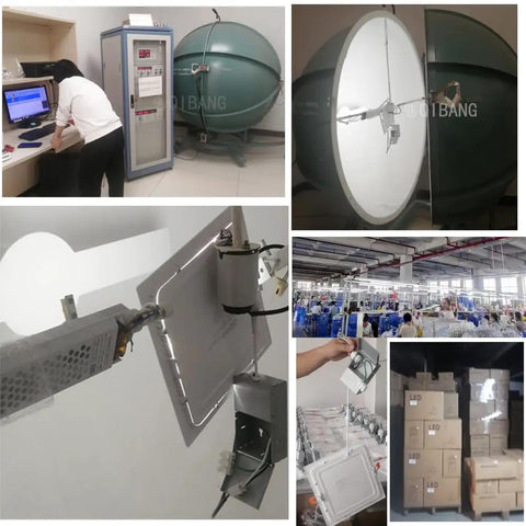 Collage of testing and packaging processes for 4 Pack 8 Inch Square LED Recessed Lights With Junction Box Dimmable 3CCT 3000K 4000K 6000K Selectable 1600 Lumens CRI 90 Plus Ultra Thin Low Profile Ceiling Fixtures For Bright Modern Lit Home Lighting