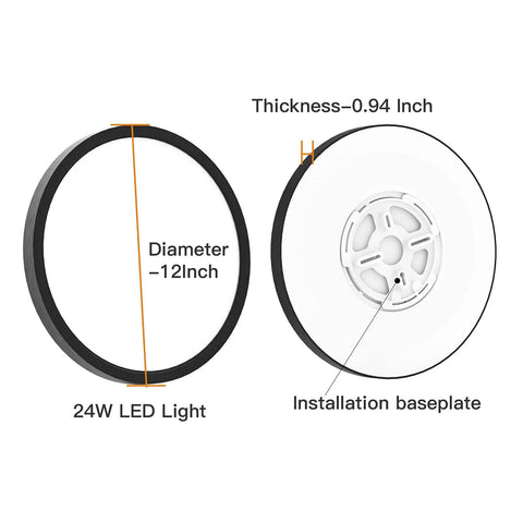Diagram of Slim 12 Inch 24W Flush Mount Round LED Ceiling Light Fixture Low Profile Daylight White Black Close To Ceiling Design For Bedrooms Living Room Kitchen Non Dimmable, showing dimensions and installation baseplate.