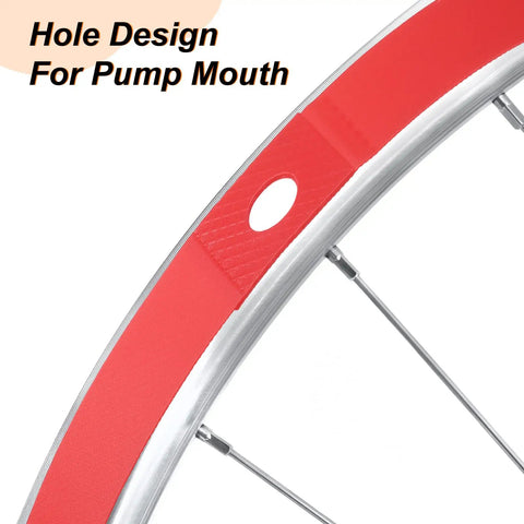 Two Pack 700C Rim Tape 18mm PVC Wheel Rim Strip Liner with hole for pump mouth, shown on a metal rim.
