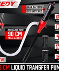 Electric Hand Pump Portable Battery Powered Transfer Pump Multi Use Siphon Liquid Extractor For Gasoline Diesel Fuel And Water Transfer Lightning Fast 2.2 GPM Siphon With Locking Clip For Easy Refill On Roadside Or At Home, displayed with 90 cm discharge hose and battery options.