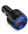 Durable Three Port USB C Car Charger 102W Rapid Fire Juicing Adapter with blue LED, featuring two Type C and one USB A port.