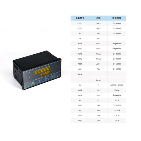 Pro Grade Load Cell Weight Sensor Amplifier with Digital Readout AC 90 to 242V Power Five Digit Display next to specification chart