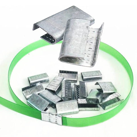 Built Like A Tank Rock Solid Polyester Strapping Half Inch By Three Twenty Feet Roll Offering Seventeen Sixty Five Pound Pull Power With One Hundred Steel Seals For Easy Outdoor Tying Work with steel seals and green strap.