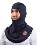 Man wearing Arc Rated Flame Resistant Cotton Balaclava With Ergonomic Contoured Fit Single Layer Circular Neck Drape One Size Fits Most Blue