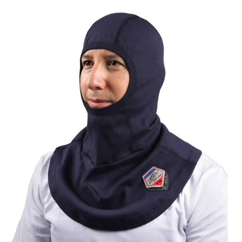 Man wearing Arc Rated Flame Resistant Cotton Balaclava With Ergonomic Contoured Fit Single Layer Circular Neck Drape One Size Fits Most Blue
