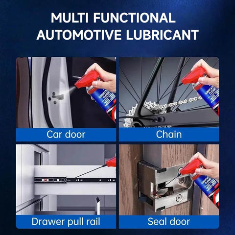 Specialist Silicone Lubricant Spray With Dual Straw Sprays For Doors, Hinges, Bikes, Sewing Machines, Garage Doors And Metal Parts Fast Drying, Non Sticky Slick Long Lasting Lubrication 6.76 Oz applied on car door, bike chain, drawer pull rail, and seal door.