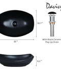 Black ceramic vessel sink with pop up drain, measuring 22 inches by 15.7 inches, showcasing Davivy brand.