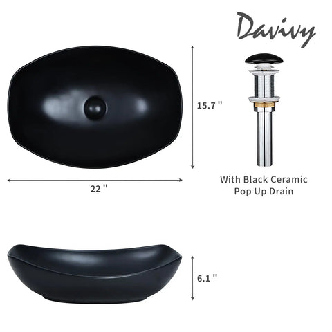 Black ceramic vessel sink with pop up drain, measuring 22 inches by 15.7 inches, showcasing Davivy brand.