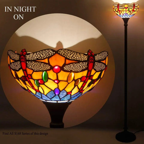 Tiffany Style Floor Lamp With Bold Orange Blue Dragonfly Stained Glass Shade, 12 Inch Wide, 71 Inch Tall Torchiere Uplight For Corner