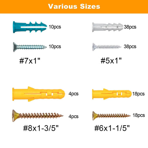 Various sizes of Plastic Drywall Anchors and Screw Assortment Kit Featuring Four Essential Sizes for Dead Nuts Secure Mounting.