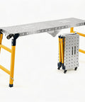 Foldable Welding Workbench 1200 Lbs Capacity 65 Inch Wide Alloy Surface with yellow frame and wheels for mobility.