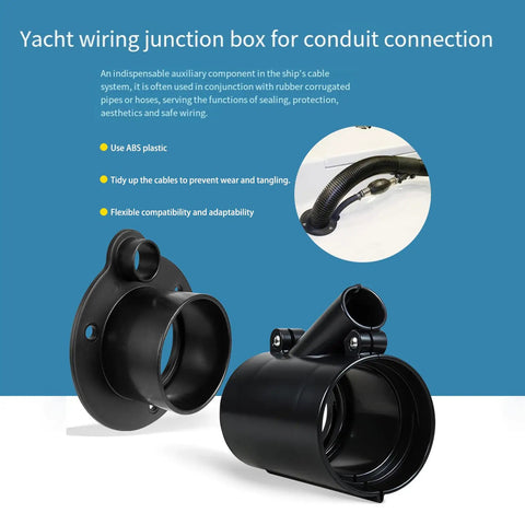 Yacht wiring junction box made of ABS plastic for conduit connection, features multiple openings for cable management.