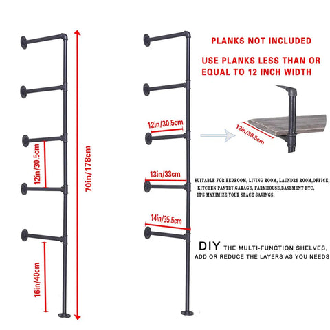 Heavy Duty Industrial Iron Pipe Shelf Brackets Set Two Pack Five Tier Open Bookshelf System 70 Inch Tall DIY Wall Mount Guide