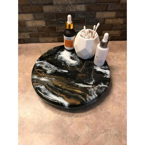 9.5 Inch Resin Marble Lazy Susan With Smooth 360 Degree Rotation For Kitchen Countertop And Dining Table Slick Black Gold
