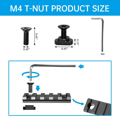 One Stop 24 Piece M Lok Rail Hardware Kit With Storage Box showing M4 screw, T-nut dimensions, and hex wrench for easy install