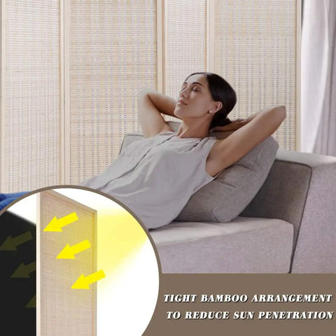 Woman relaxing on couch near Bamboo Room Divider Folding Privacy Screen, 4 Panel, 72 Inches High and 17.7 Inches Wide, natural wood