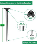 Detailed dimensions of Sturdy As Heck 28 Inch Folding Table Legs Set Of 4 Chrome Metal Collapsible DIY Furniture Legs with adjustable floor protectors.