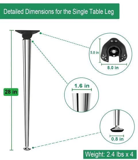 Detailed dimensions of Sturdy As Heck 28 Inch Folding Table Legs Set Of 4 Chrome Metal Collapsible DIY Furniture Legs with adjustable floor protectors.