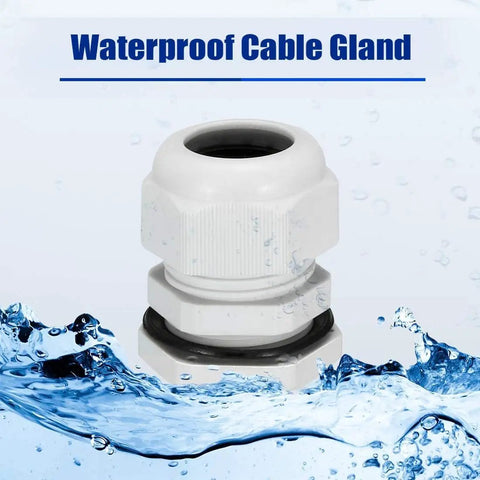 10 Pack M50 Waterproof Nylon Cable Gland Joint Adjustable Connector For 32-38 mm Cable Wire, IP68 Rated, visible in water splash.