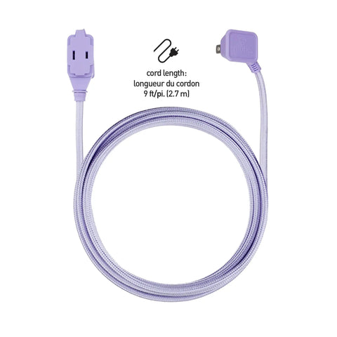 Designer Series Stylish Fabric Extension Cord 9 Feet Long With Right Angle Plug And Three Polarized Outlets 125 Volts Metallic Purple