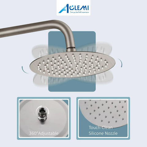 Close-up of Outdoor Shower Setup Kit in 304 Stainless Steel with Brushed Nickel Finish, featuring 8-inch rain shower head and silicone nozzle.