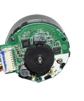 Close-up of Brushless Servo Motor with Built In Drive, 9V to 24V Power, PWM Speed Control, and 100 Line Encoder showing wiring details.