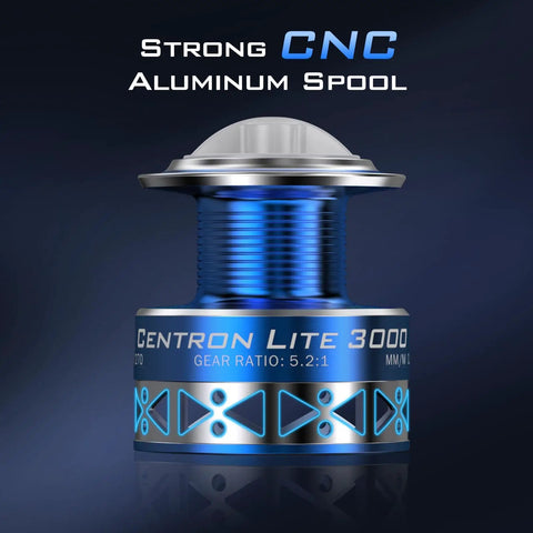 CNC machined aluminum spool of Centron Lite Spinning Reel Size 500 for anglers, lightweight and durable for freshwater and inshore fishing.