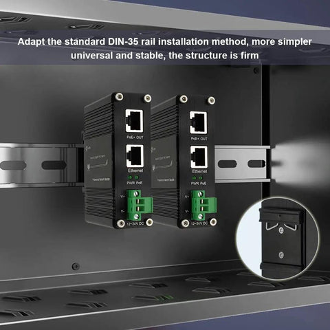 Gigabit Passive 24V PoE Injector With 12-24V DC Input To 24V PoE Output, rugged aluminum, mounted on DIN rail, black