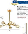 Gold Sputnik Crystal Chandelier, 6 Light Modern Dining Room Fixture Over Table, Glam Brass Finish Lighting with dimensions and details