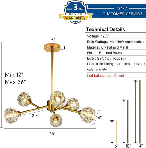 Gold Sputnik Crystal Chandelier, 6 Light Modern Dining Room Fixture Over Table, Glam Brass Finish Lighting with dimensions and details
