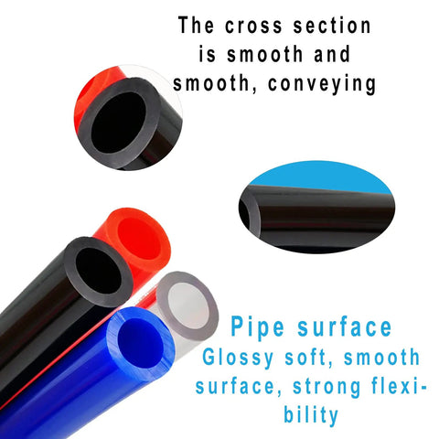 Assorted colored PU tubes, focus on cross section and surface texture, flexible for fluid transfer applications.