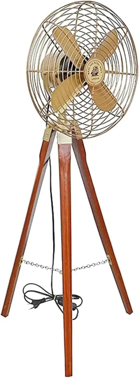 Top Shelf Vintage Brass Floor Fan With Solid Brown Wooden Adjustable Tripod Stand Working Electric Pedestal Cooler Retro Navy Style Badass Home Cooling Upgrade on display.
