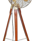 Top Shelf Vintage Brass Floor Fan With Solid Brown Wooden Adjustable Tripod Stand Working Electric Pedestal Cooler Retro Navy Style showing the fan's detailed design.