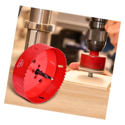 4 1/4 Inch HSS Bi-Metal Hole Saw Kit with pilot drill bit cutting wood, includes arbor replacement bit and hex key