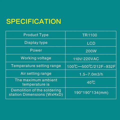 TR1100 SMD Rework Station Hot Air Soldering System With 200W Power Lead Free Welding Platform ESD Safe specification chart