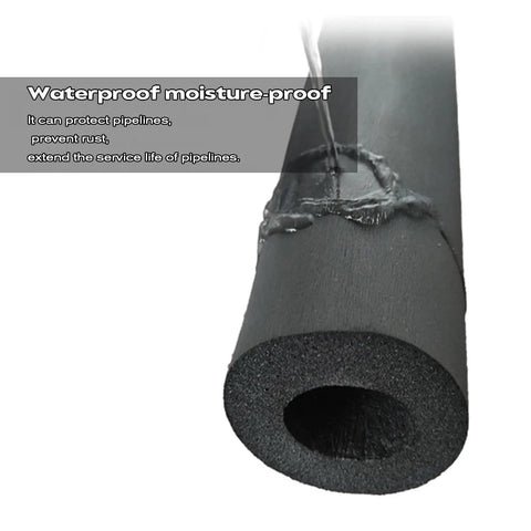 Close-up of Beefed Up Foam Pipe Insulation Tube Kit for Water Lines and HVAC, showing waterproof feature with water droplets.
