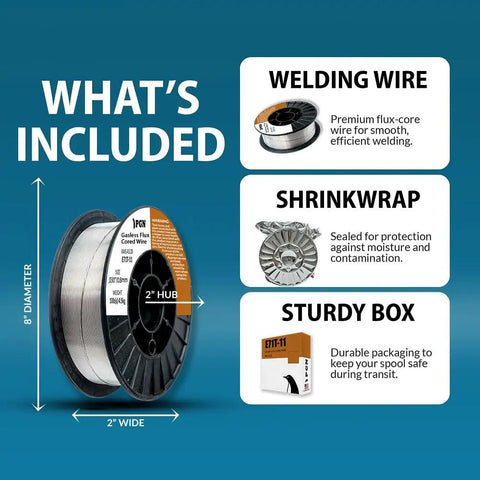 Flux Core Welding Wire E71T11 0.030 Inch 10 Pound Spool Gasless Mild Steel, packaging and shrinkwrap included.