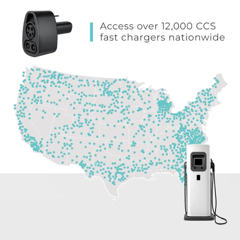 Map showing CCS charging stations across North America with CCS to NACS Tesla Charger Adapter for All Tesla Models and CCS Enabled EVs.