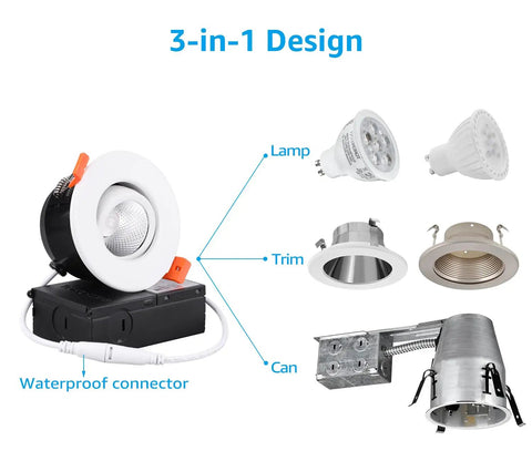 Diagram of Gimbal 3 Inch LED Recessed Light With Junction Box Swivel Eyeball Downlight Dimmable 90 Plus CRI Canless Ceiling Light components