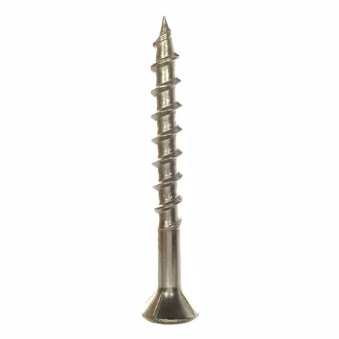 Built Different Stainless Steel Deck Screws Bugle Head Star Drive Partial Thread Bright Finish Tough As Nails Wood Fencing Composite Board Assembly Outdoor Project No Sweat Installation Heavy Duty Fasteners 50 Pack Size 12 By 4 Inch Type Seventeen Point single screw close-up view