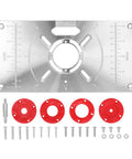 Built Tough Aluminum Router Base Plate With Four Fast Swap Inserts And Precision Bushing For Smooth Wood Routing Carving And Tight Trim Job Guaranteed To Last, showing base plate, red inserts, and screws.