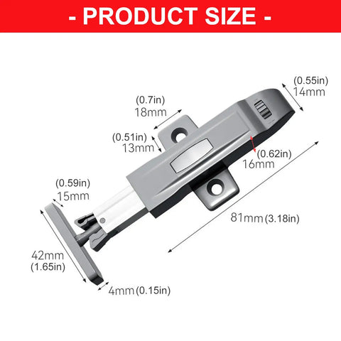 Diagram of Push Latches With Rebound Locking Device For Cabinets And Drawers showing dimensions and design details.
