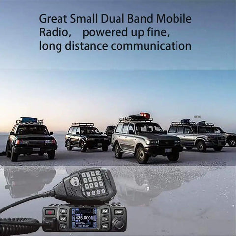 Dual Band Mobile Radio Transceiver for Car displayed with SUVs, showcasing VHF UHF 144-148 and 420-450 MHz features.