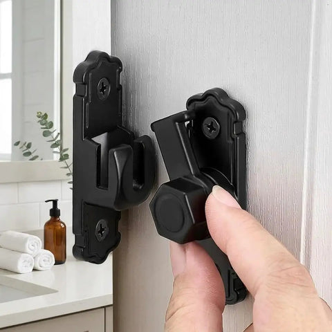 Sleek Black Barn Door Latch Made From Aluminum Alloy Supporting 90 And 180 Degree Swivel, shown on door with hand adjusting.