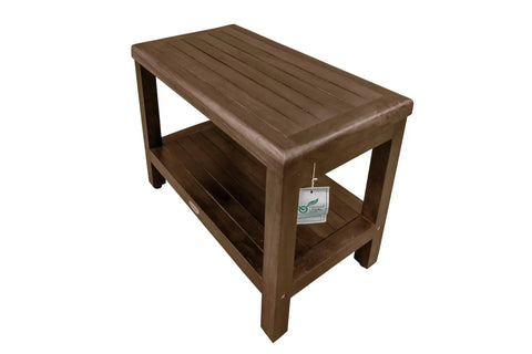Eleganto 24 Inch Brown Waterproof Teak Shower Bench Stool With Non Slip Feet And Two Tier Storage Shelf For Inside Shower Bathroom Safety