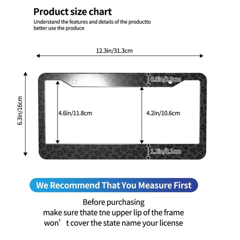 Leopard Print License Plate Frame Black Aluminum With Screws Dope Two Hole Mount Standard Size 12.3 By 6.3 Inches diagram