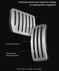 Close-up of brushed aluminum Tesla Model Y Juniper 2025 2026 and Model 3 Highland 2024 2026 aluminum self flip lock pedal set.